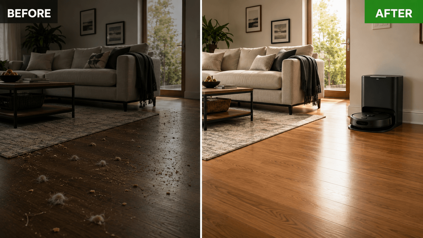 Before and after floor cleaning with robot vacuum